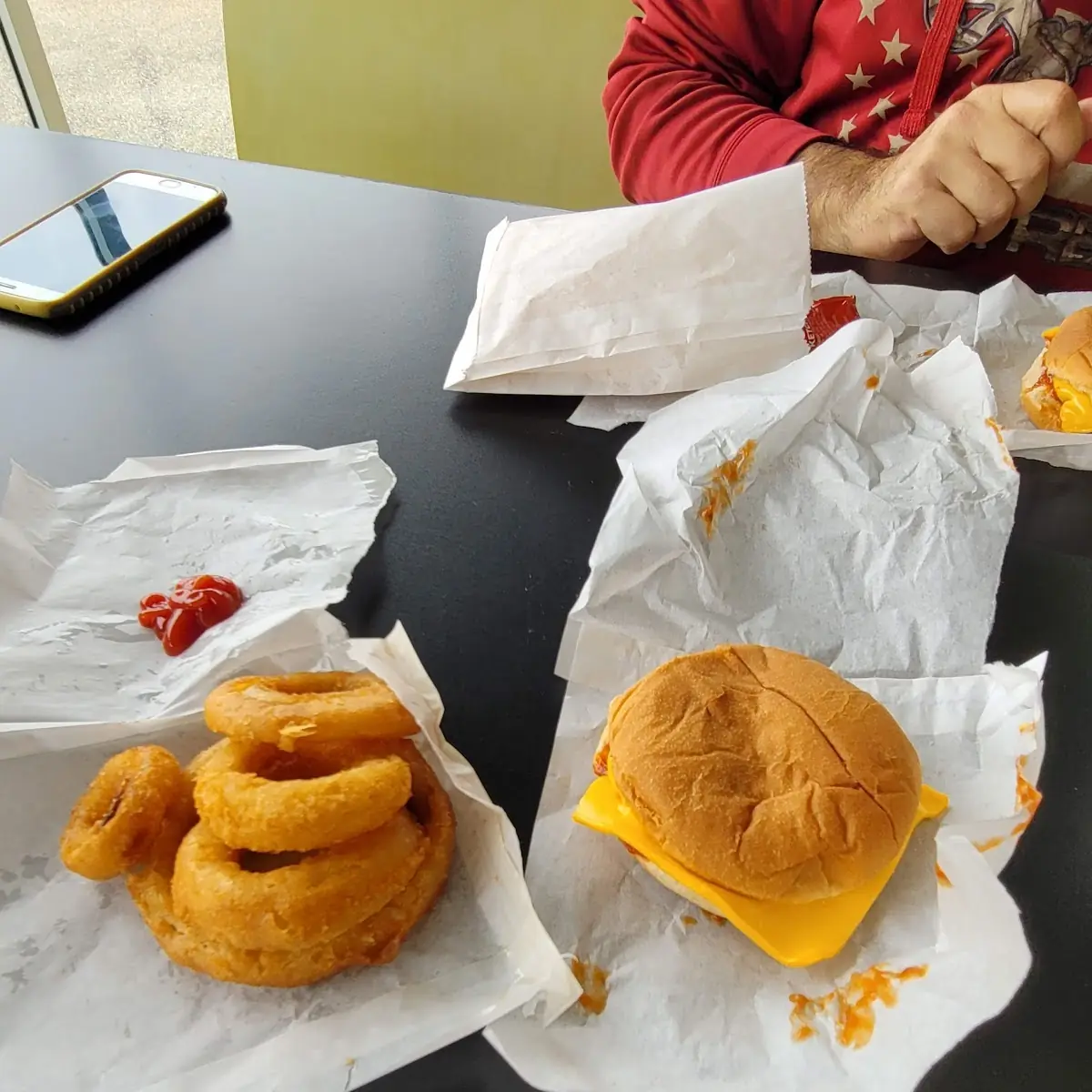 Burger and Onion Rings