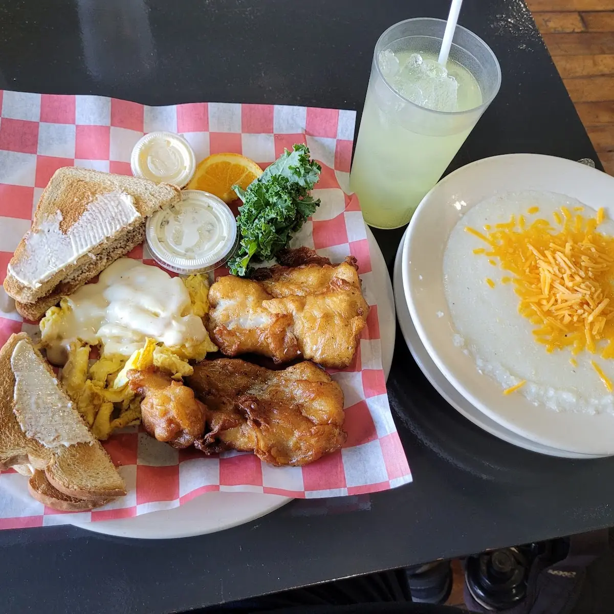 Fish Grits and Eggs Scrambled Cheese with Wheat Toast
