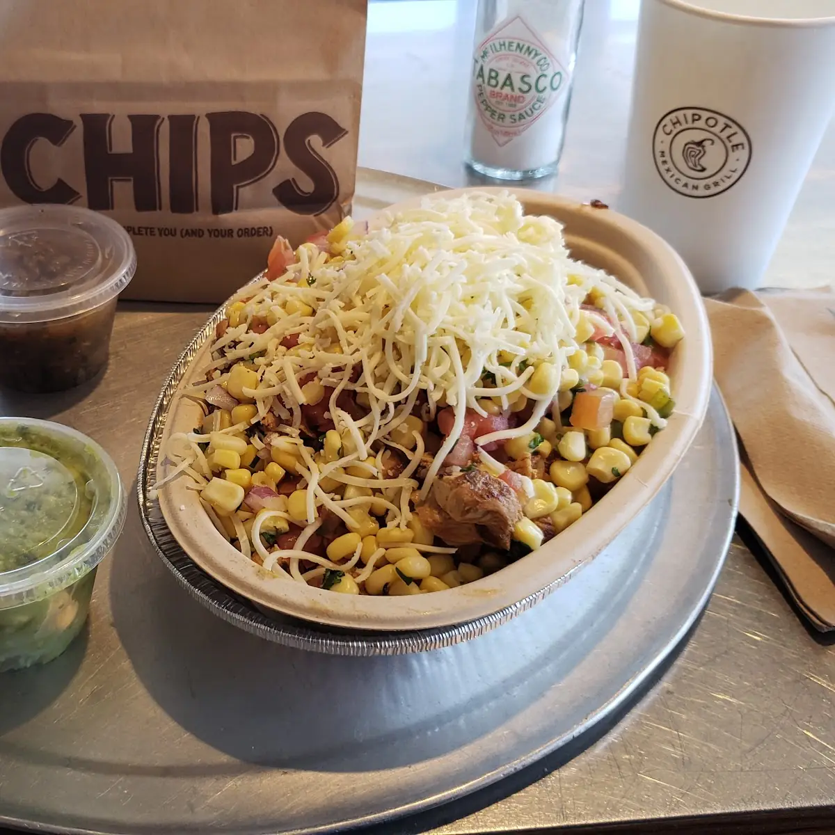 Chicken Bowl with Chips and Guacamole