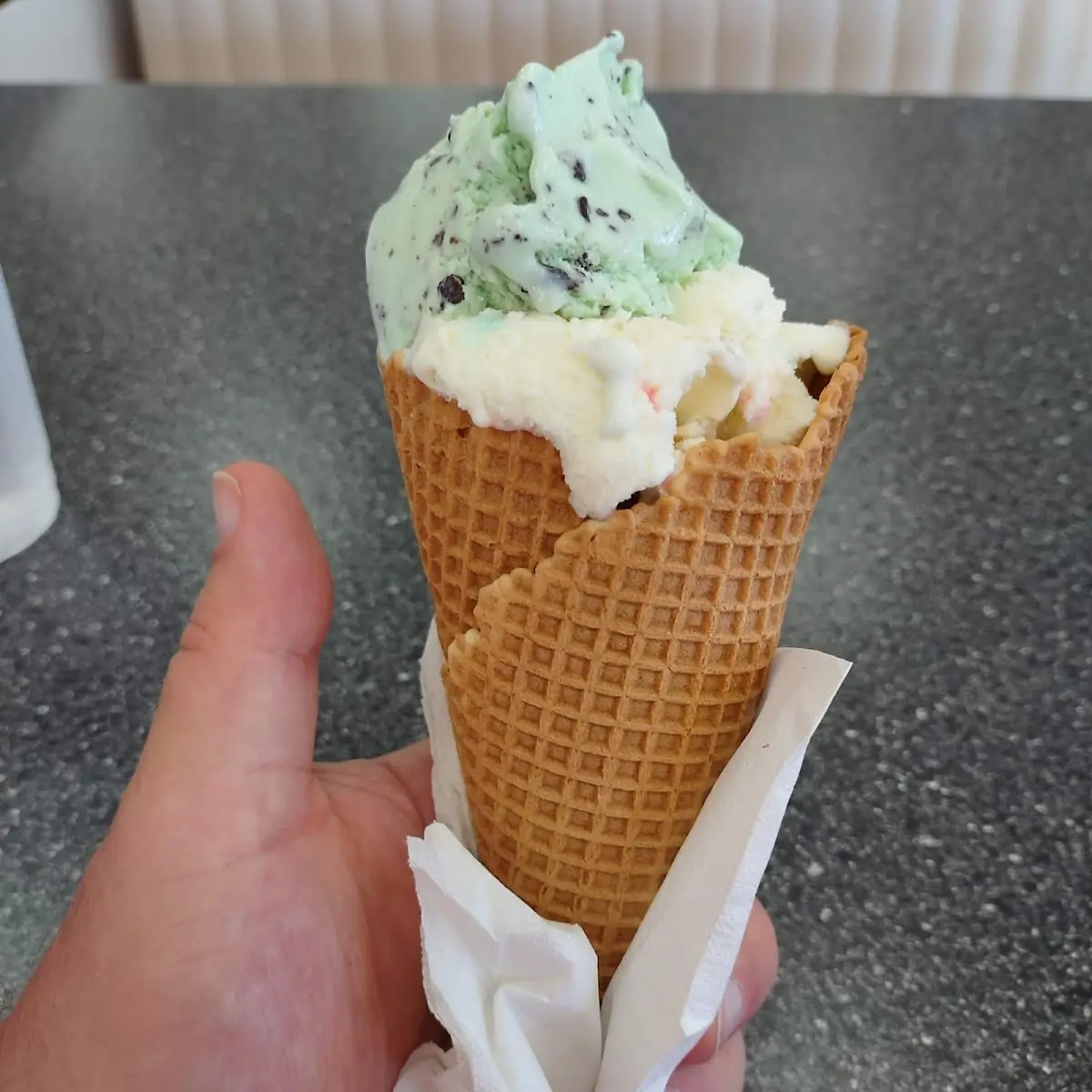 Double Dip Cone of Mint Chocolate Chip and Peppermint