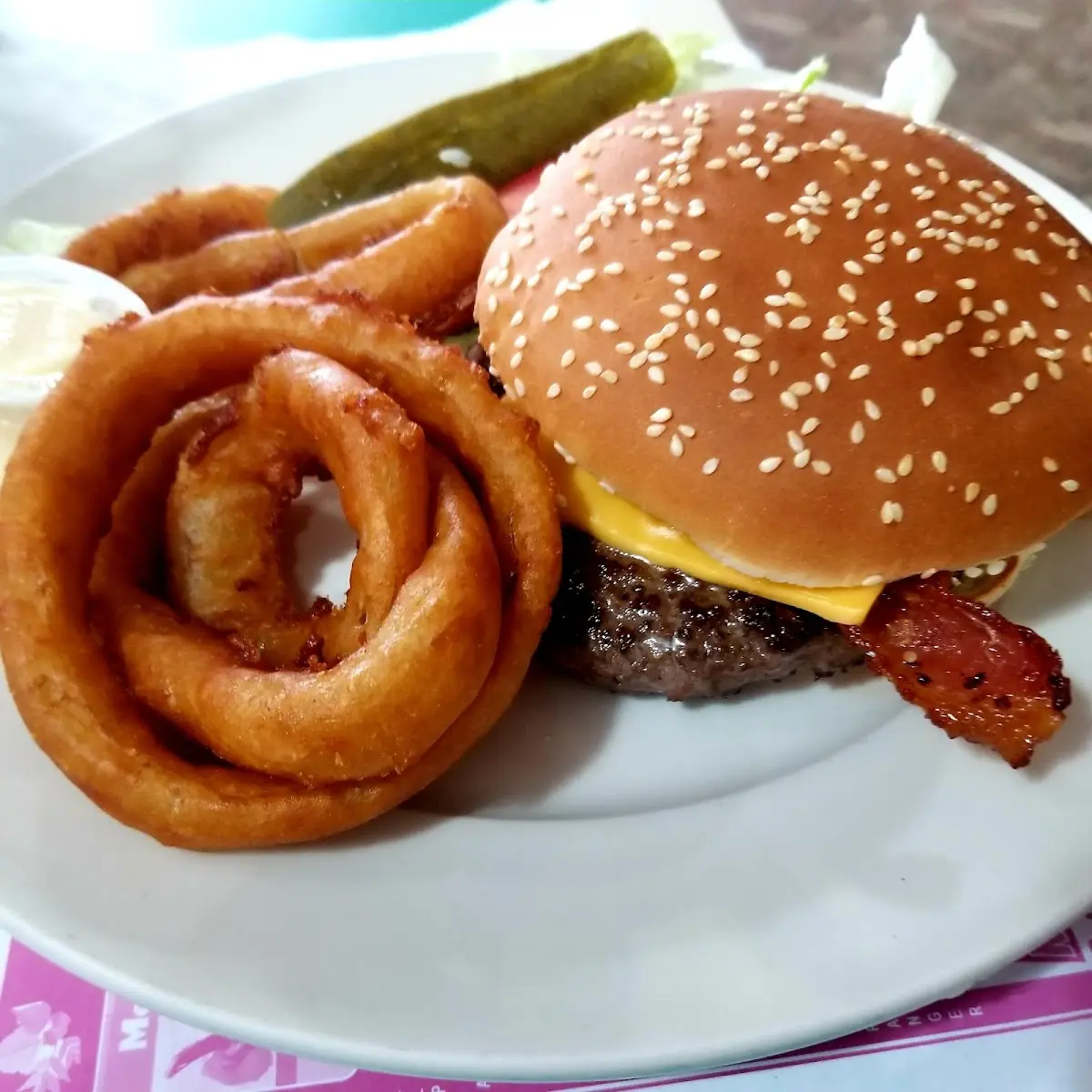 Angus Cheeseburger with Bacon and Onion Rings