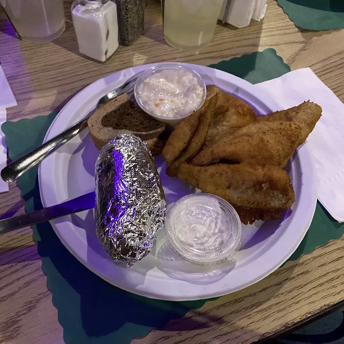 Half Perch Order with Baked Potato and Rye Bread