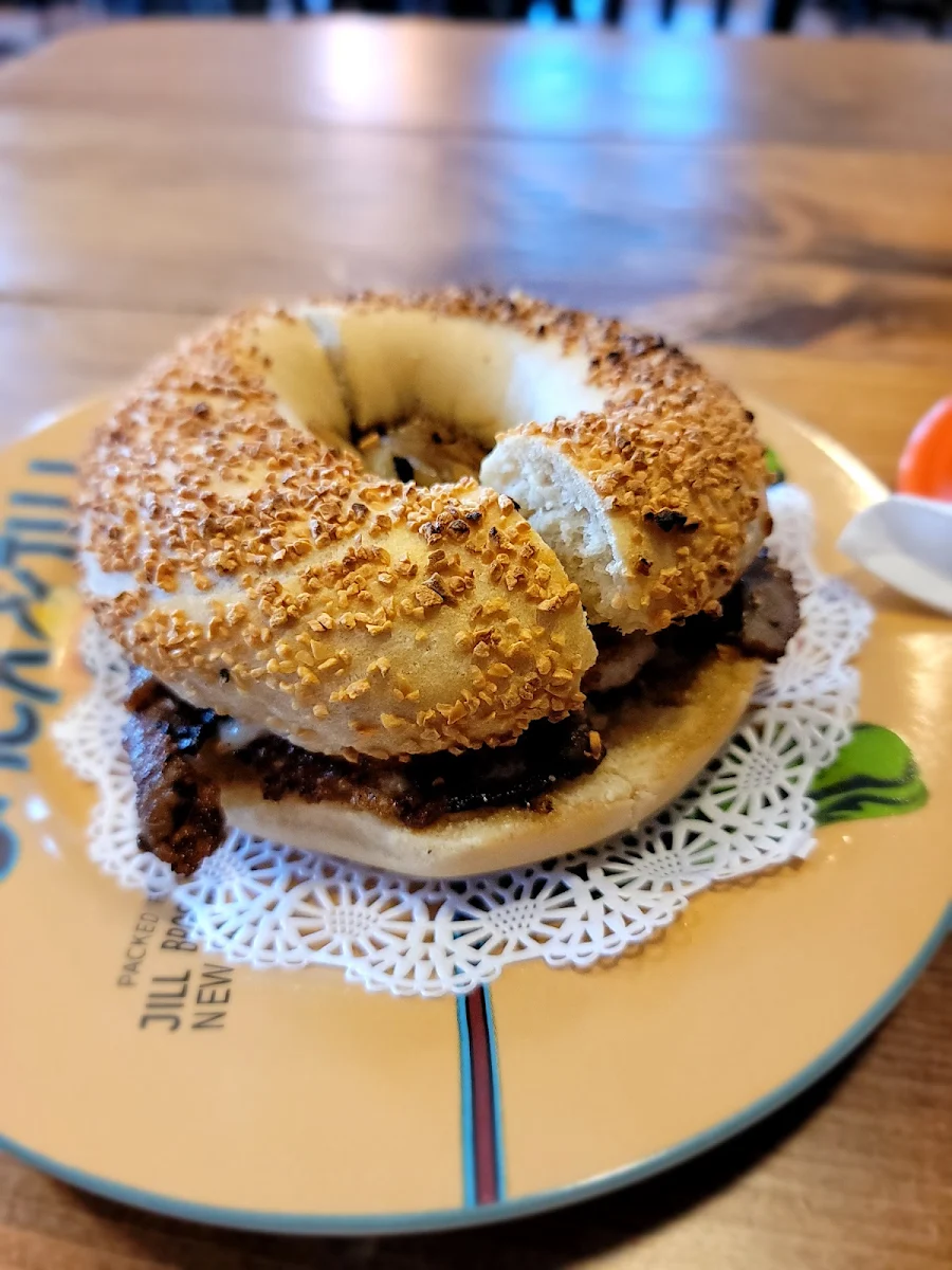 Steak Sandwich on Garlic Bagels