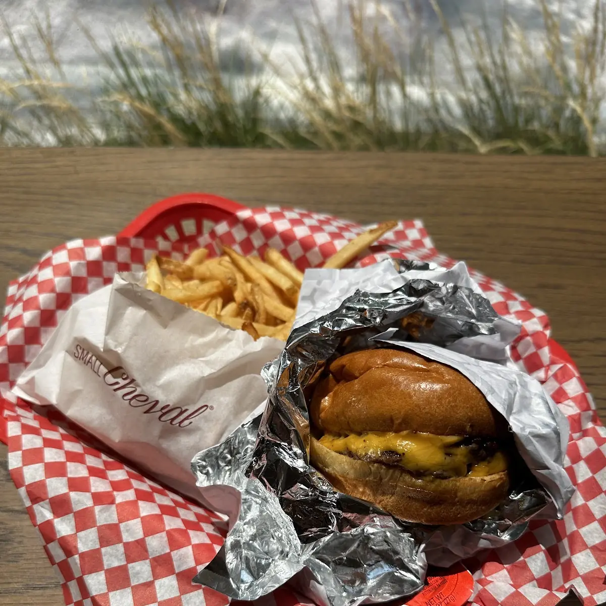 Bacon Cheeseburger with Fries and Chocolate Shake