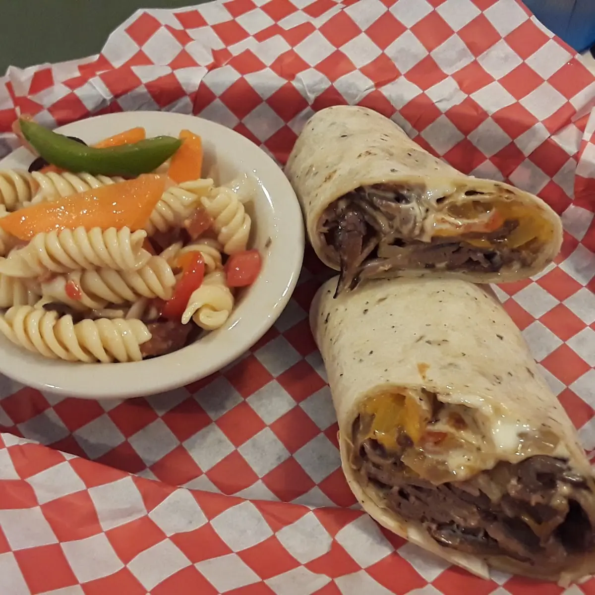 Grilled Roast Beef Wrap with Pasta Salad