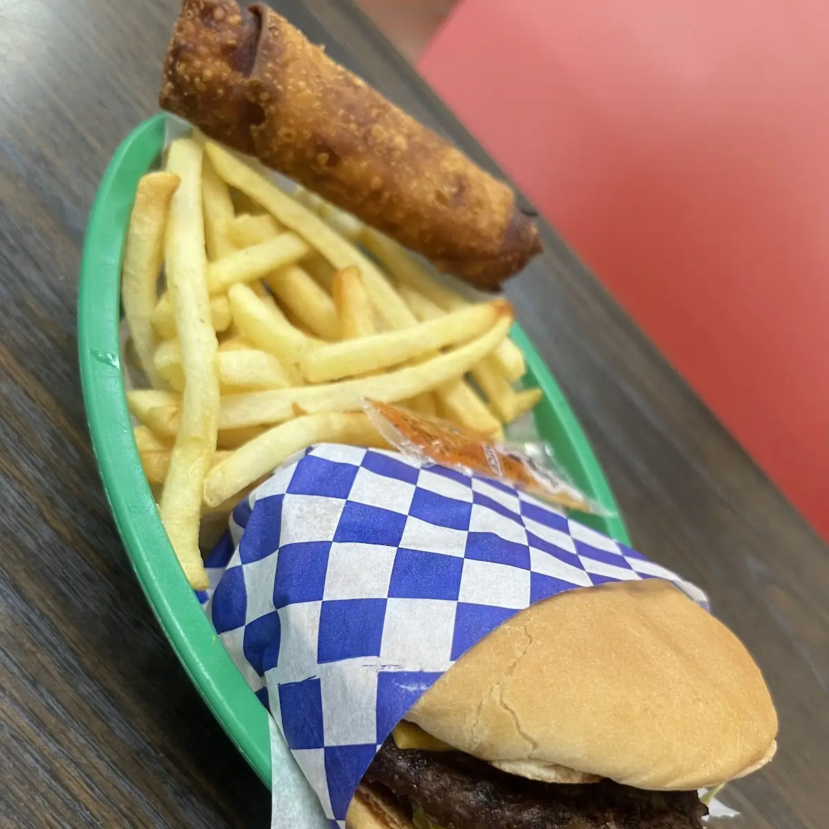 Double Burger Fries and Egg Roll