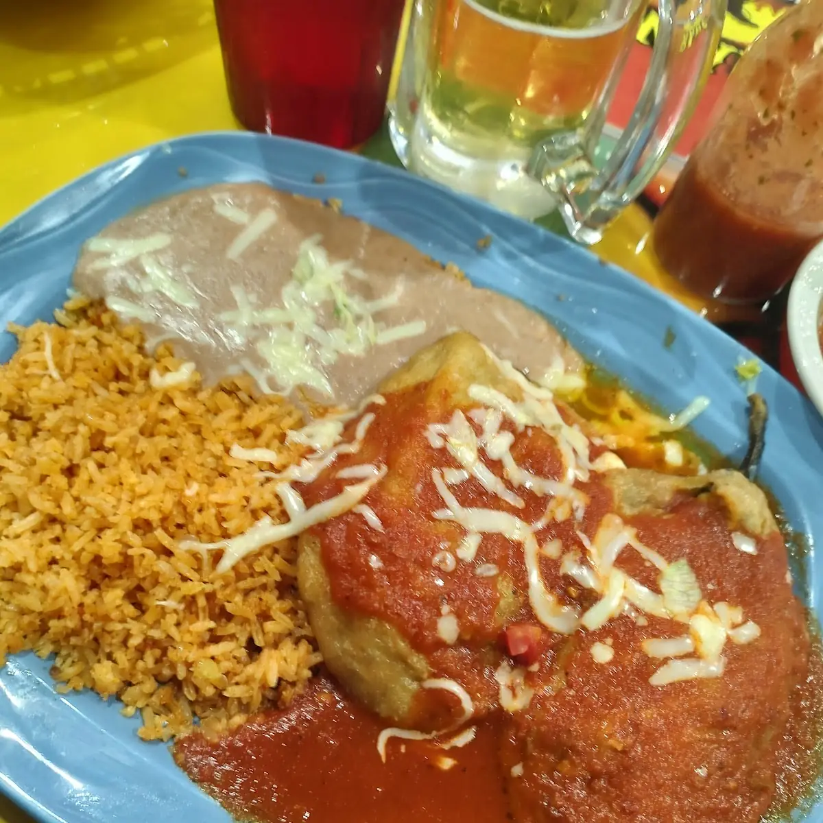 Pablano Relleno Plato with Rice and Refried Beans