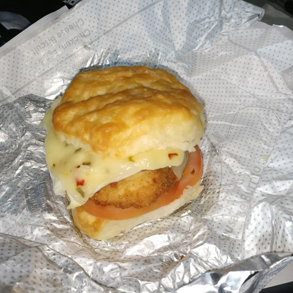 Chicken Egg Pepper Jack Cheese Tomato Biscuit