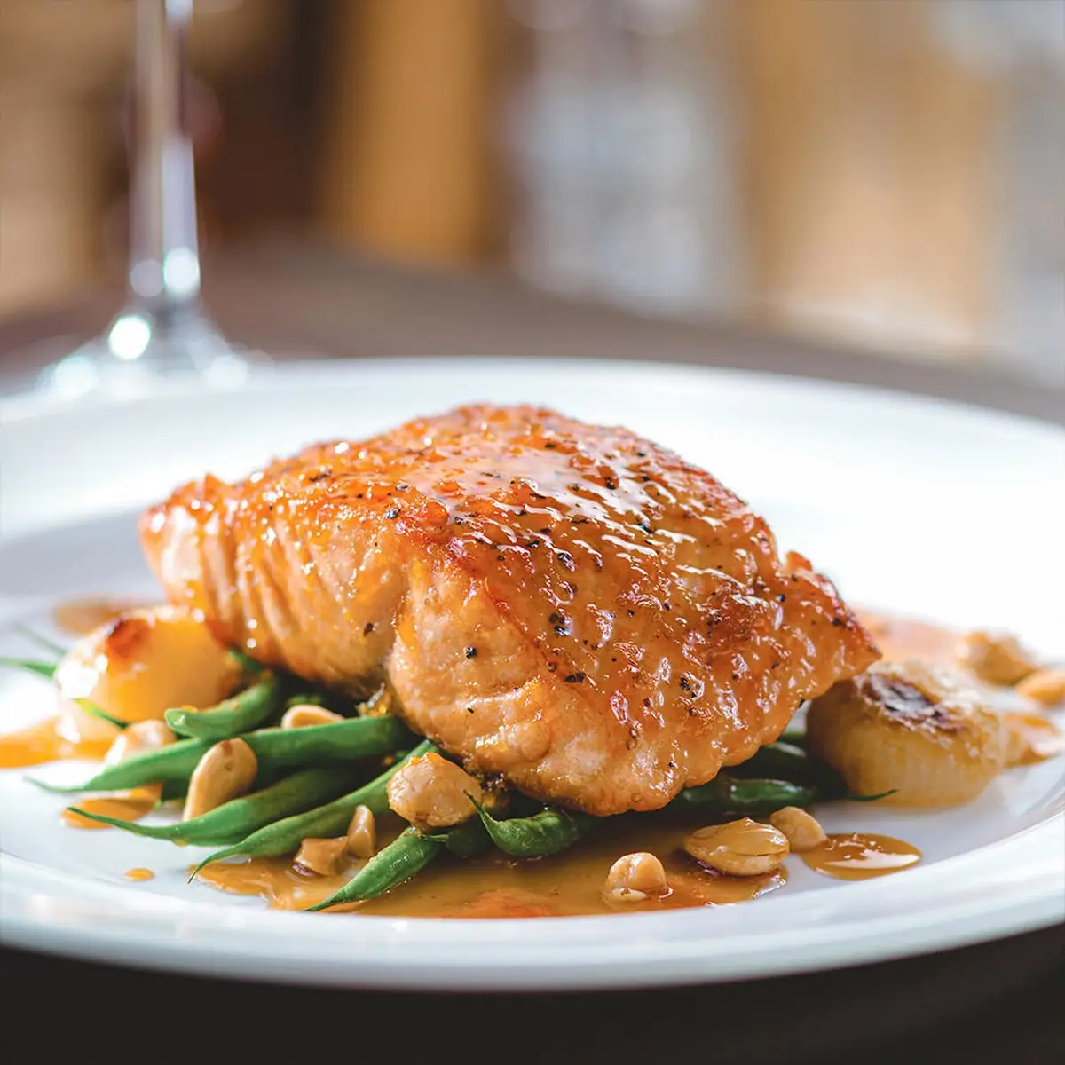 Seared Citrus Glazed Salmon with Marcona Almonds and Brown Butter