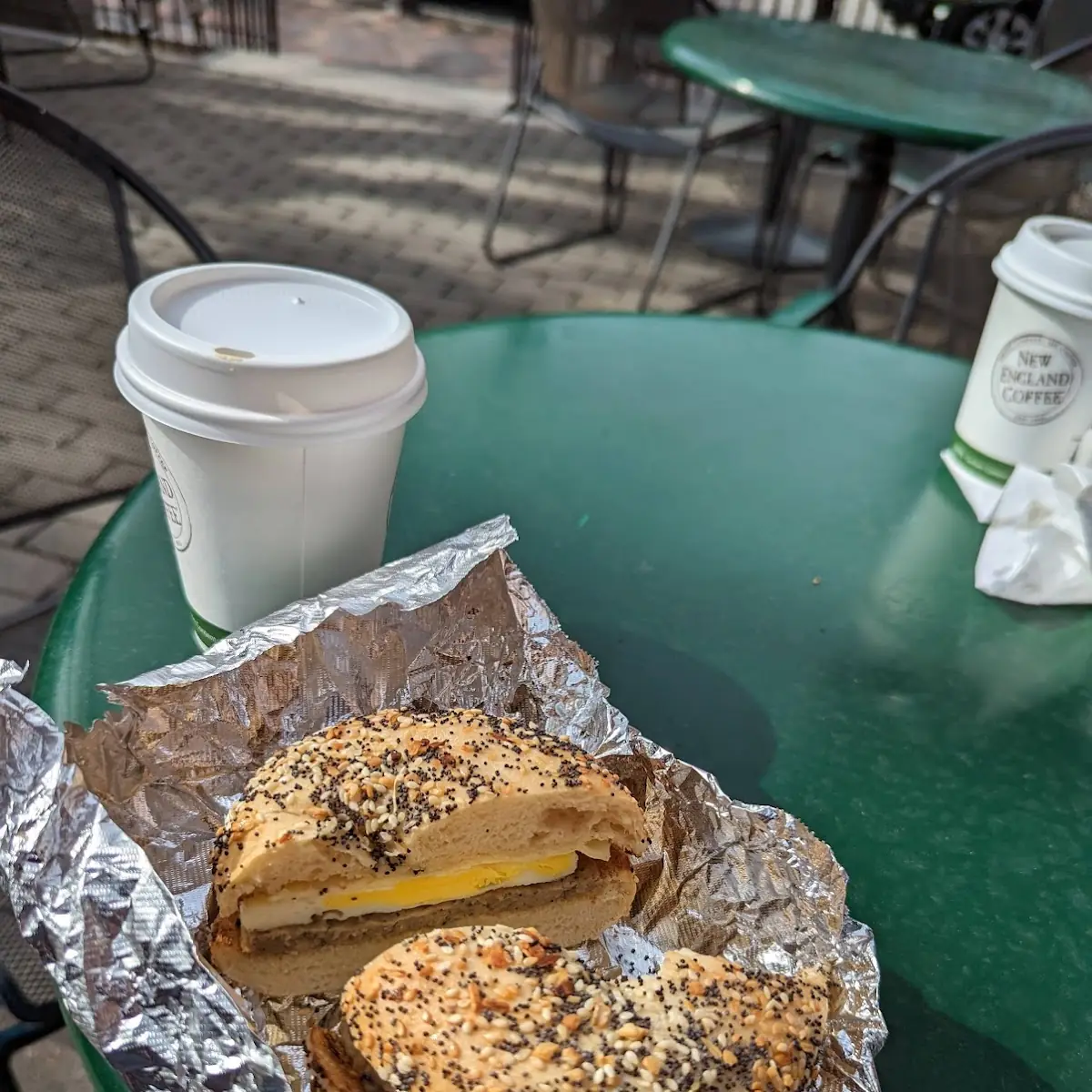 Egg and Sausages on an Everything Bagel