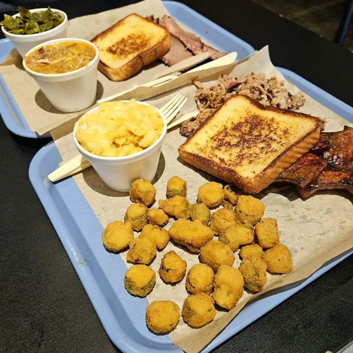 Pulled Pork and Sausage with Fried Okra and Mac & Cheese