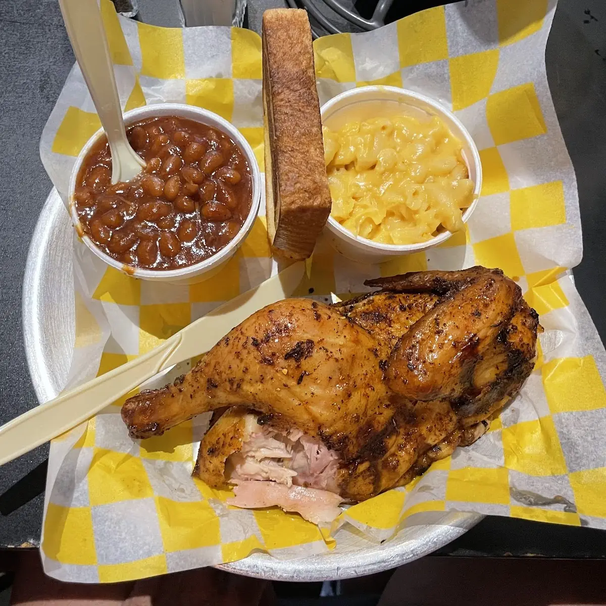 Smoked Chicken with Baked Beans Mac and Cheese