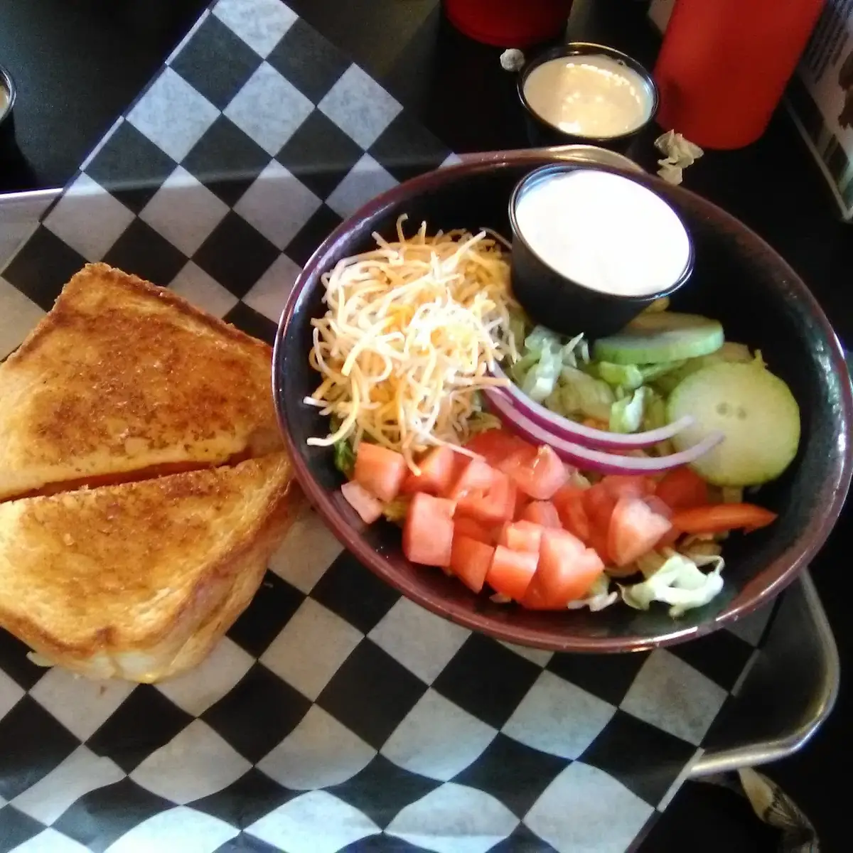 Garden Salad and Grilled Cheese with Tomato and Lettuce