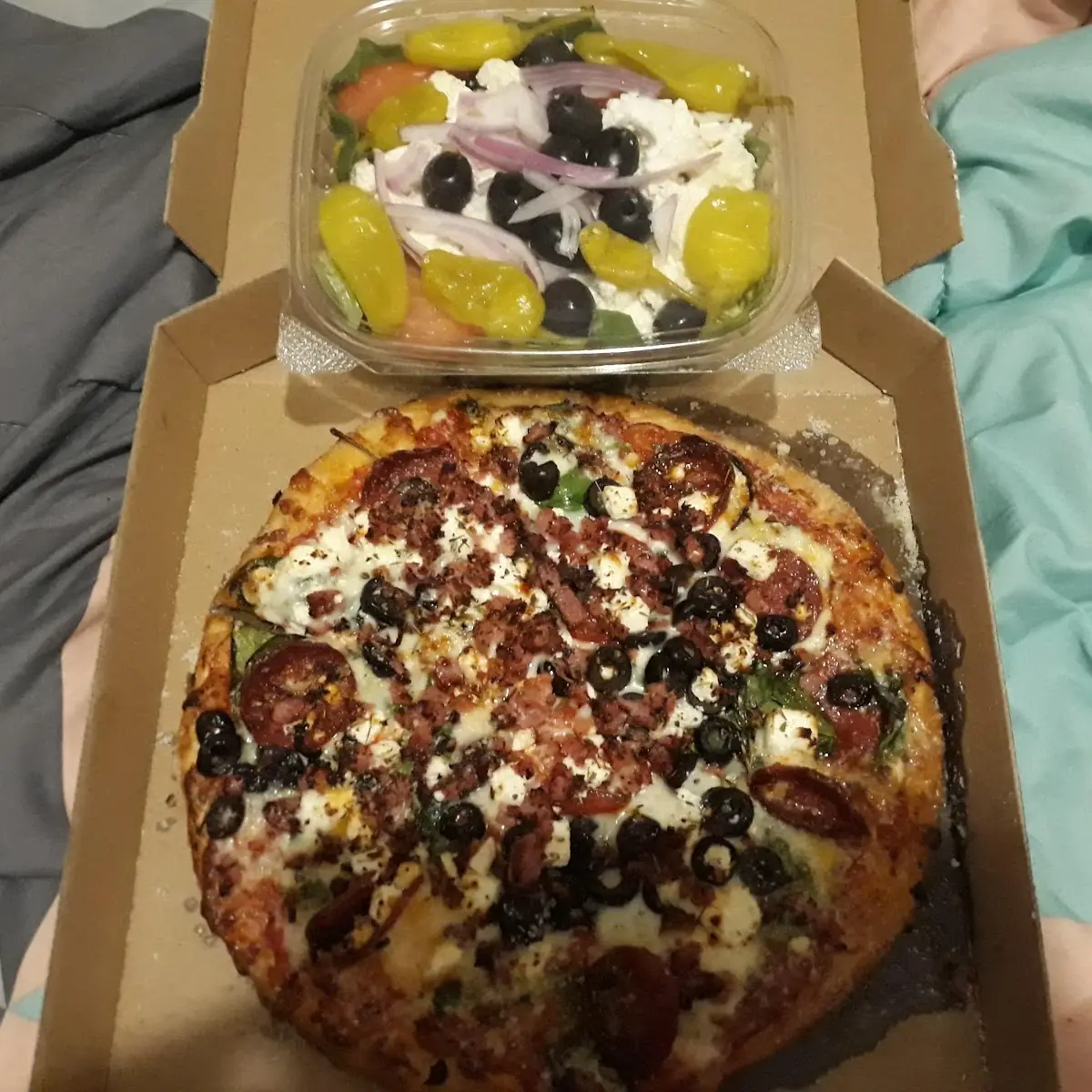 Spinach Supreme Pizza with Pepperoni and Bacon Added Also a Greek Salad