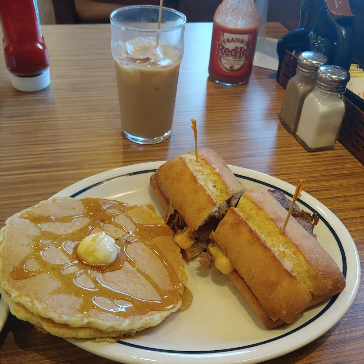 Philly Steak Sandwich and Pancakes