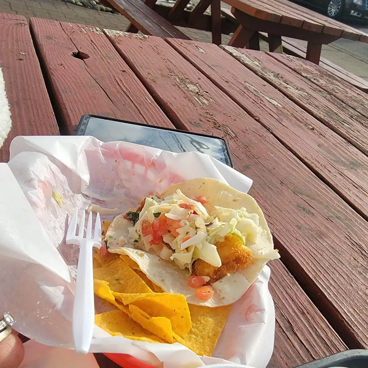 2 Fish Tacos Tortilla Chips & Slaw