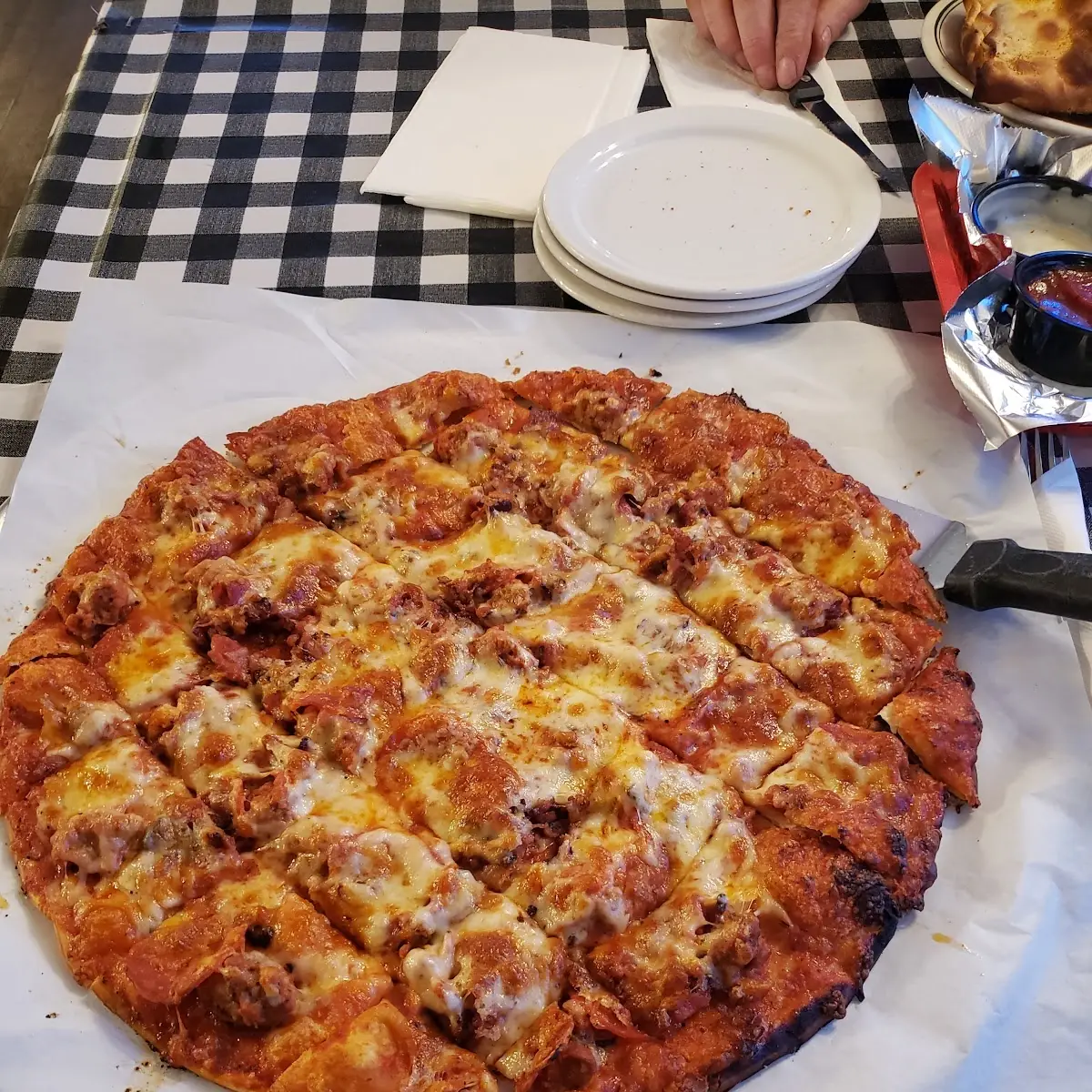 Cheese Pizza with Pepperoni Sausage and Bacon