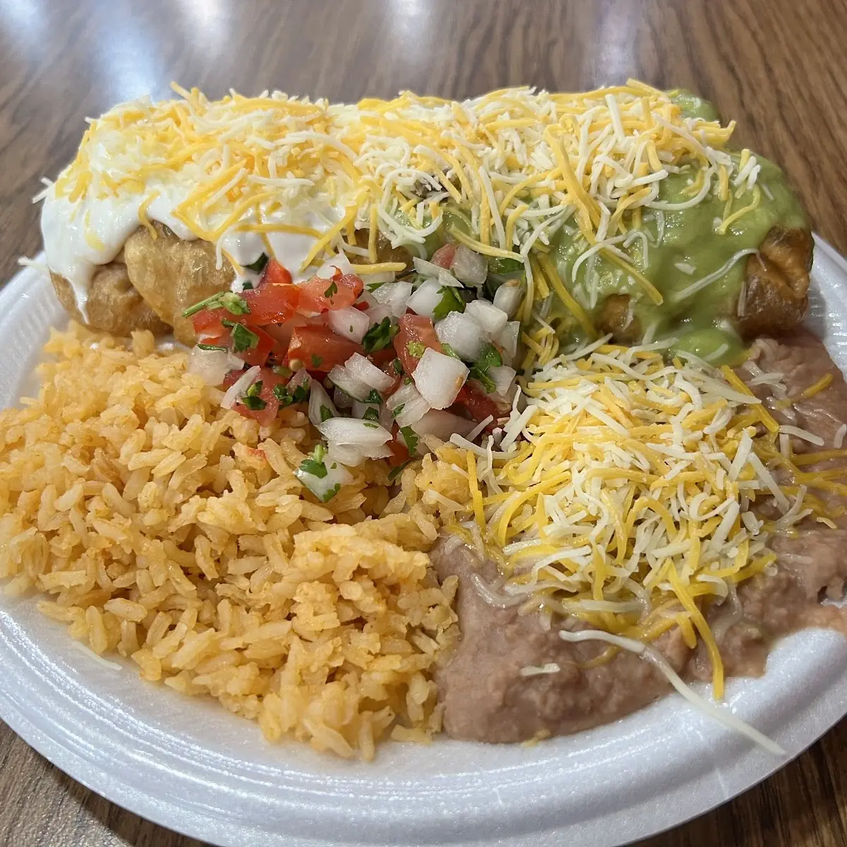 Chimichanga with Rice and Refried Beans