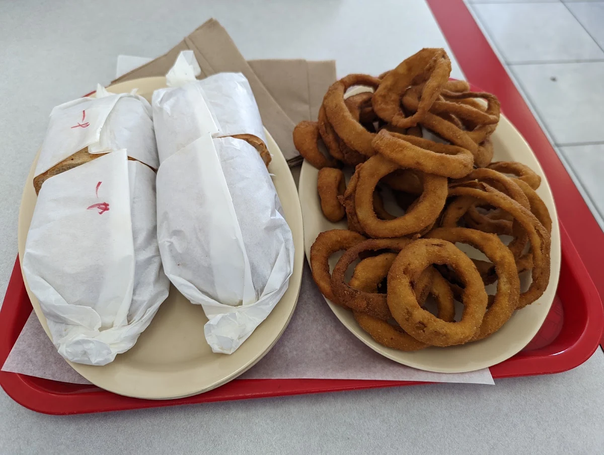 Pastrami Sandwich and Onion Rings