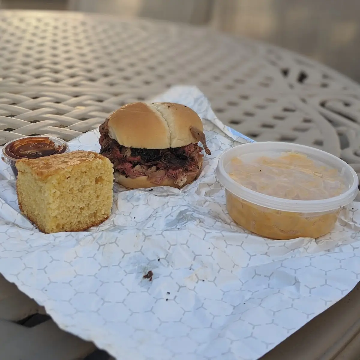 Pulled Pork Sandwich with Cornbread and Mac and Cheese