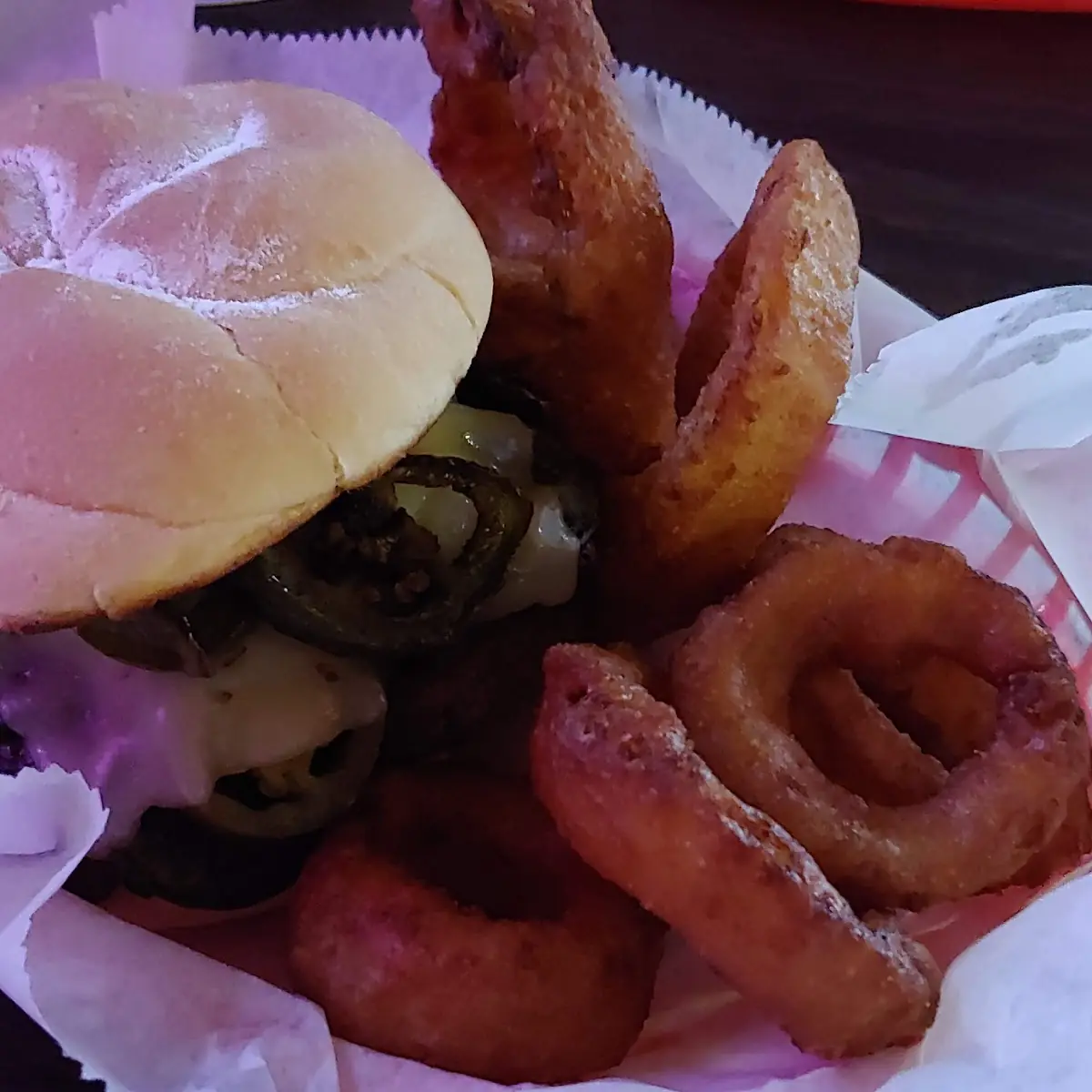 Bacon Cheddar Burger Onion Ring Basket