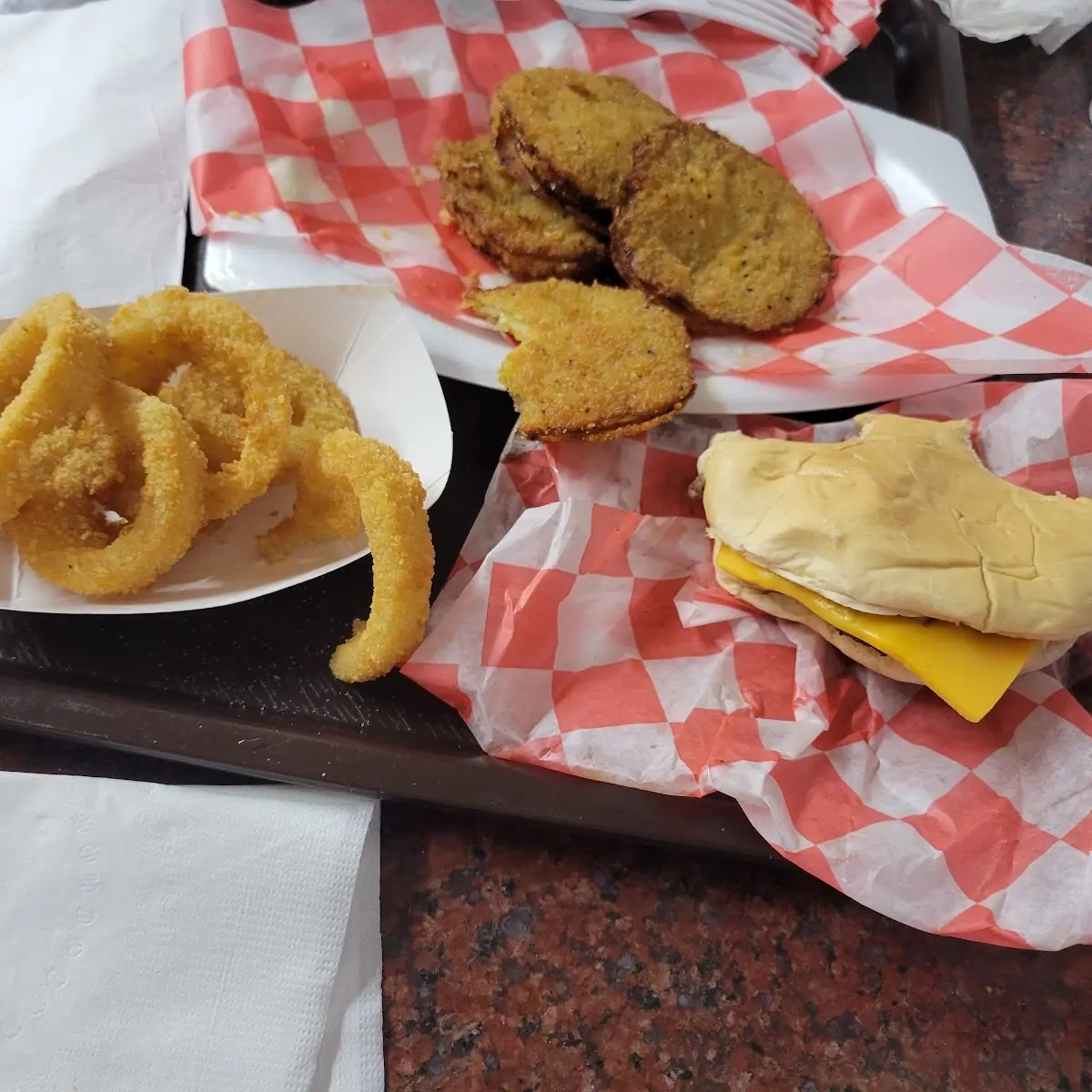 Fried Green Tomatoes Cheeseburger and Onion Rings