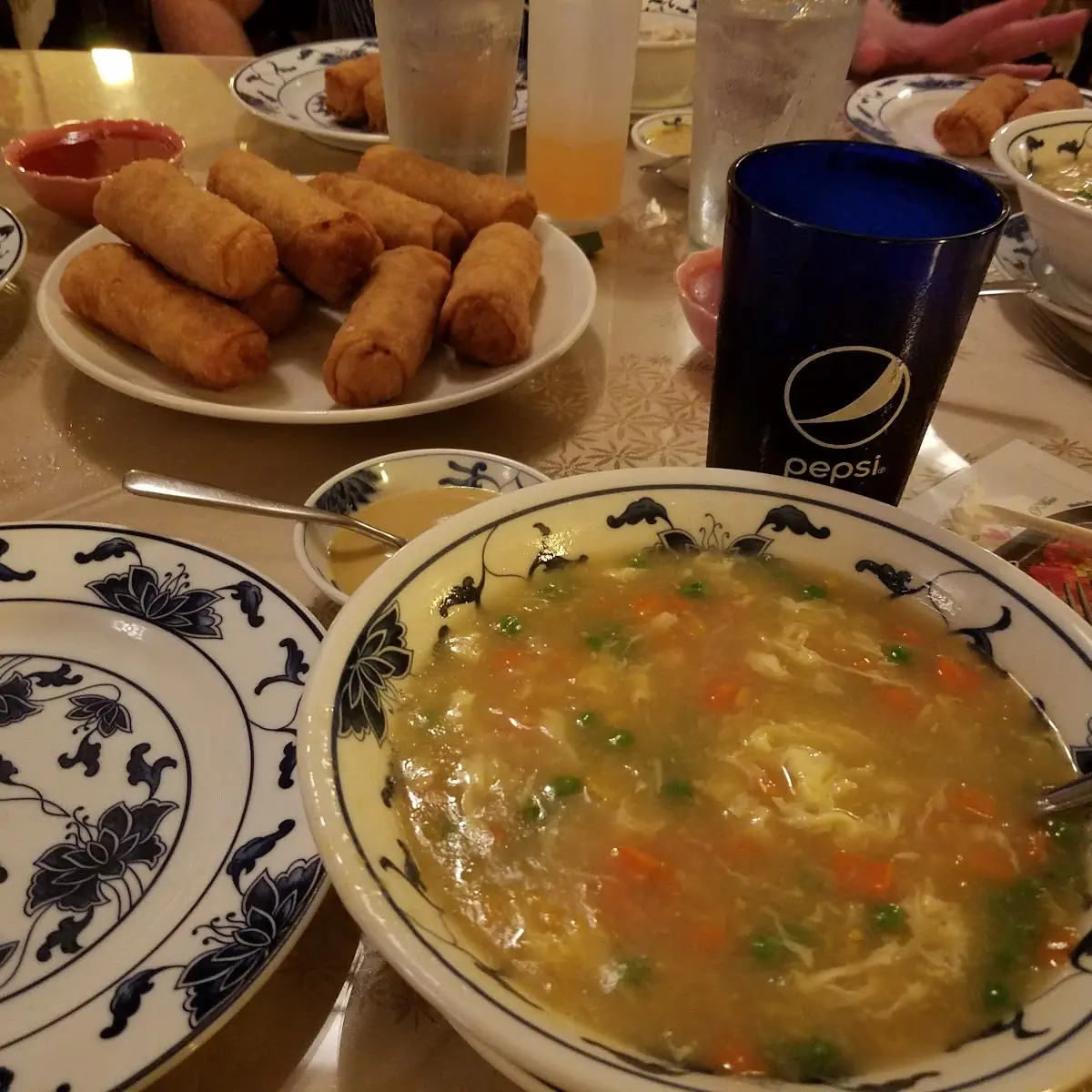 Chicken Sweet Corn Soup with Egg Rolls