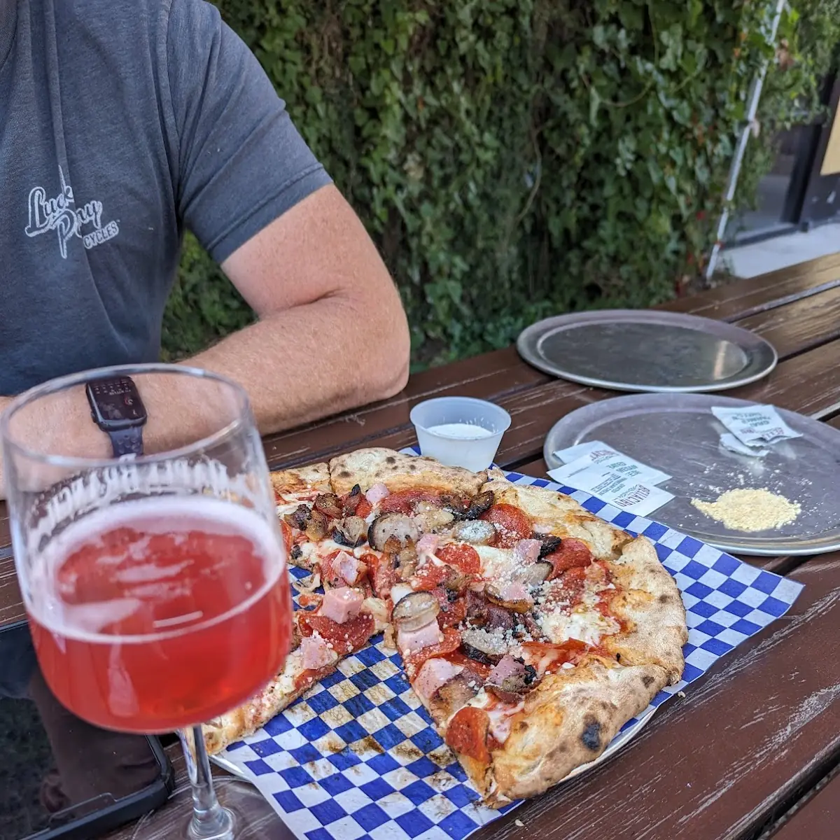 Meat Pizza Slice and Beer Flight