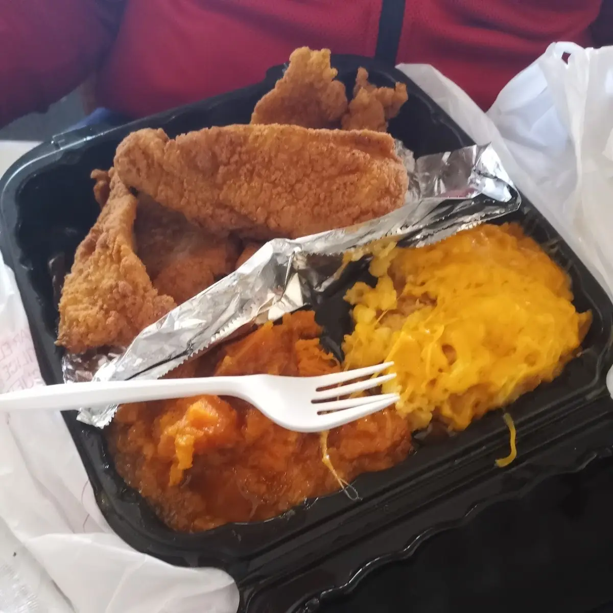 Catfish Dinner with Sweet Potatoes and Macaroni Cheese