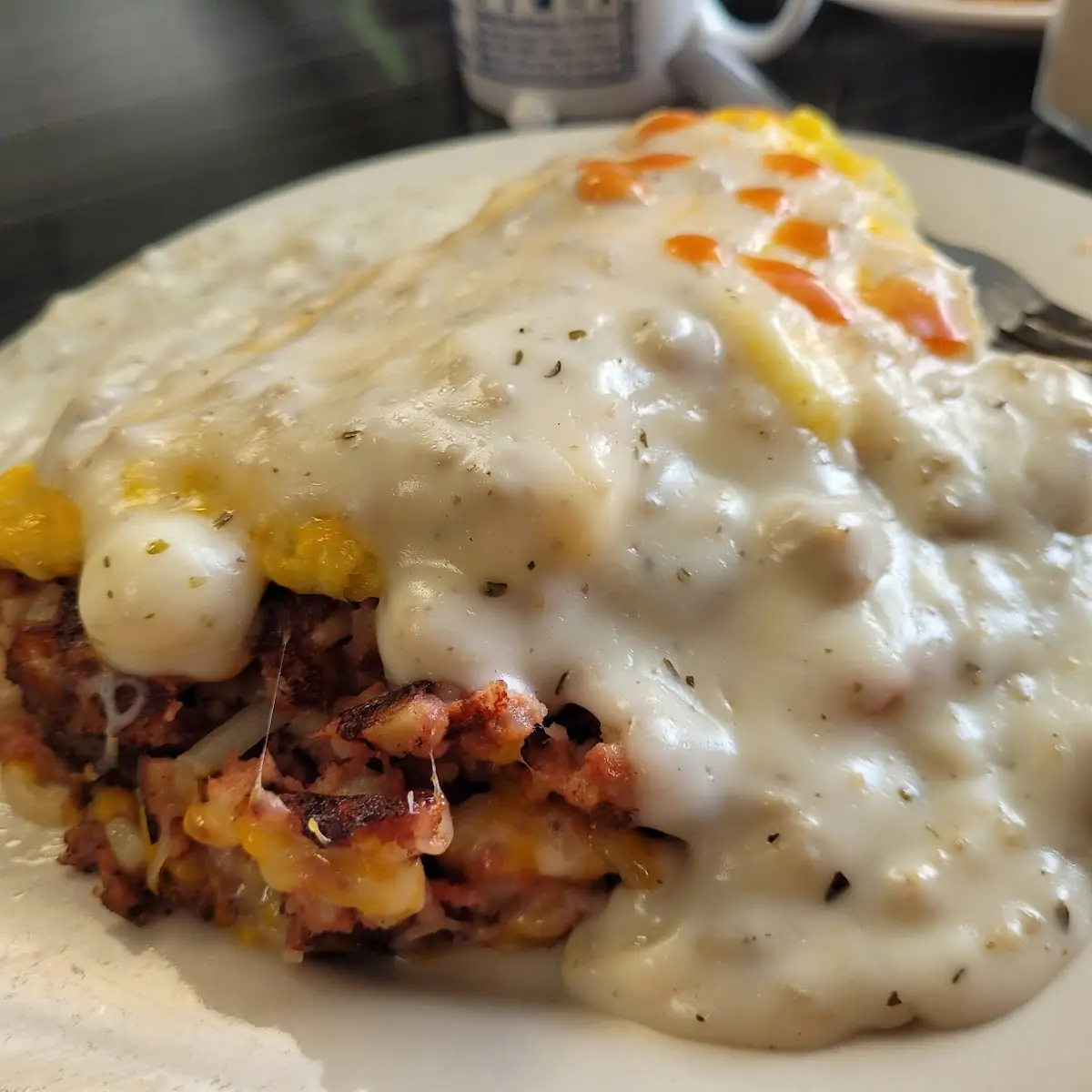 Corned Beef Hash Omlete with Sausage Gravy