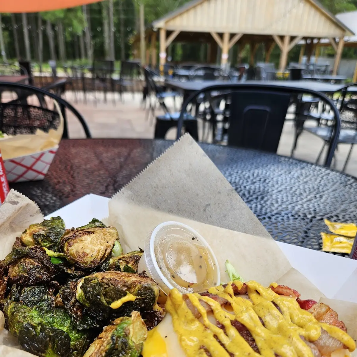 3 Cheese Bacon Burger and Fried Brussels Sprouts