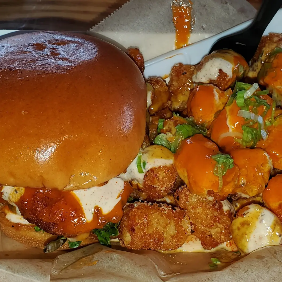 Buffalo Chicken Sandwich and Triple Threat Tots
