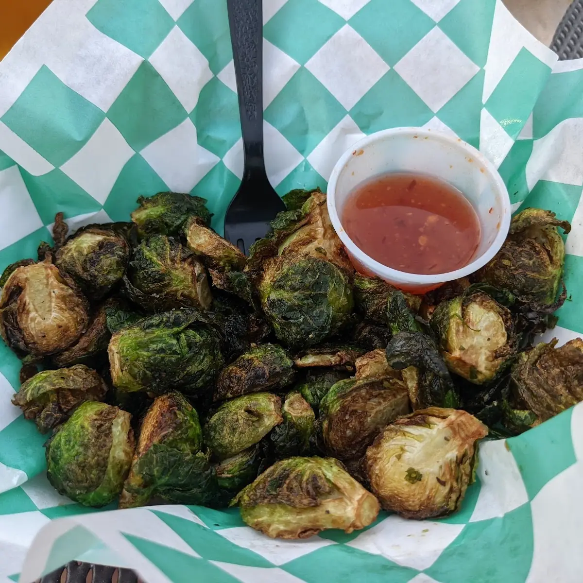 Fried Brussel Sprouts with Sweet Chili Sauce