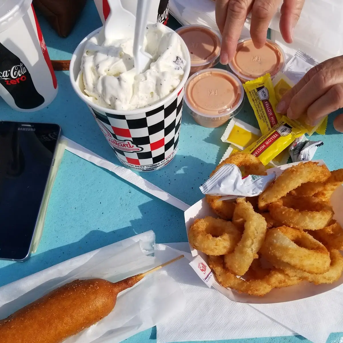 Onion Rings and Vanilla Custard with Brownie Bits
