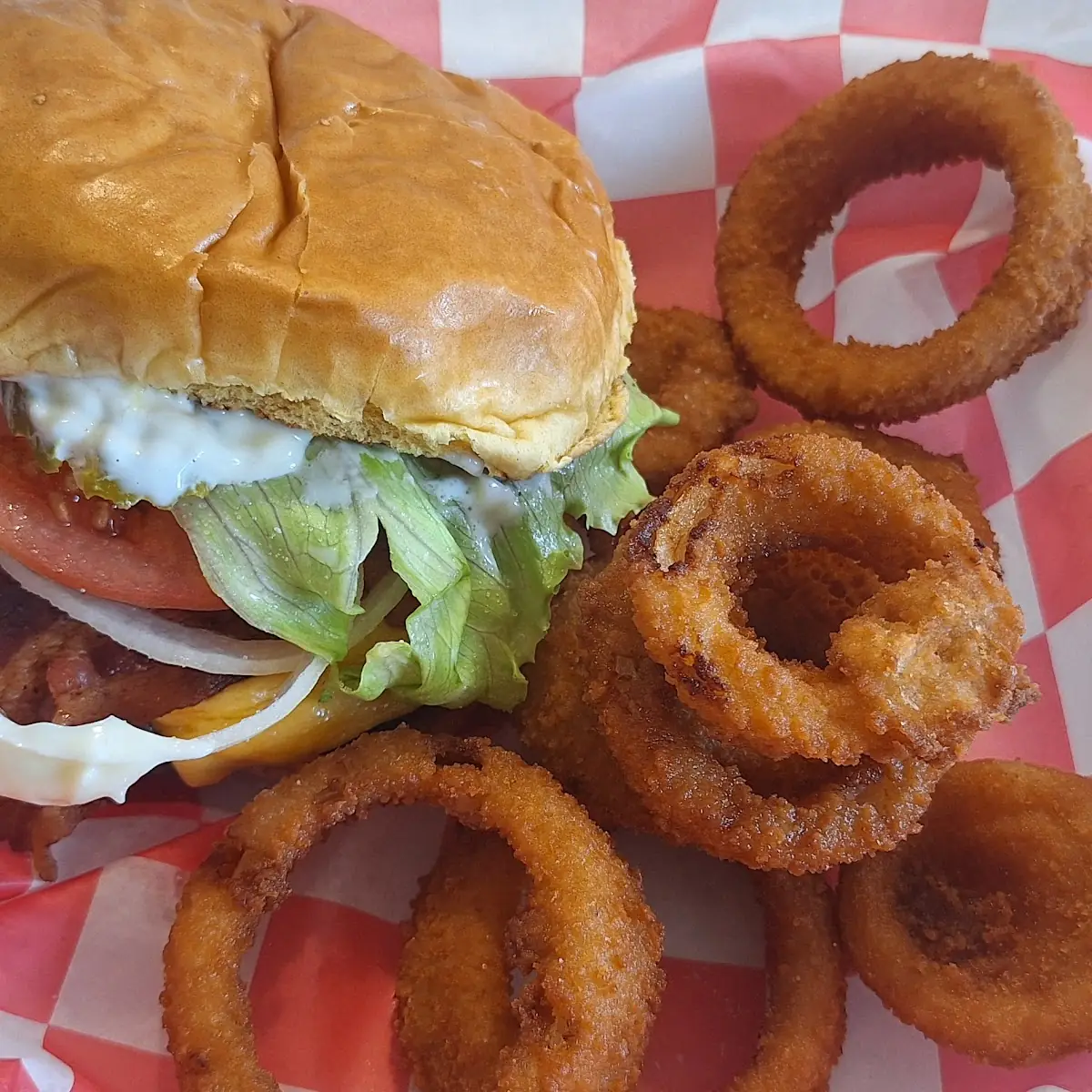 Bacon Cheeseburger and Onion Rings