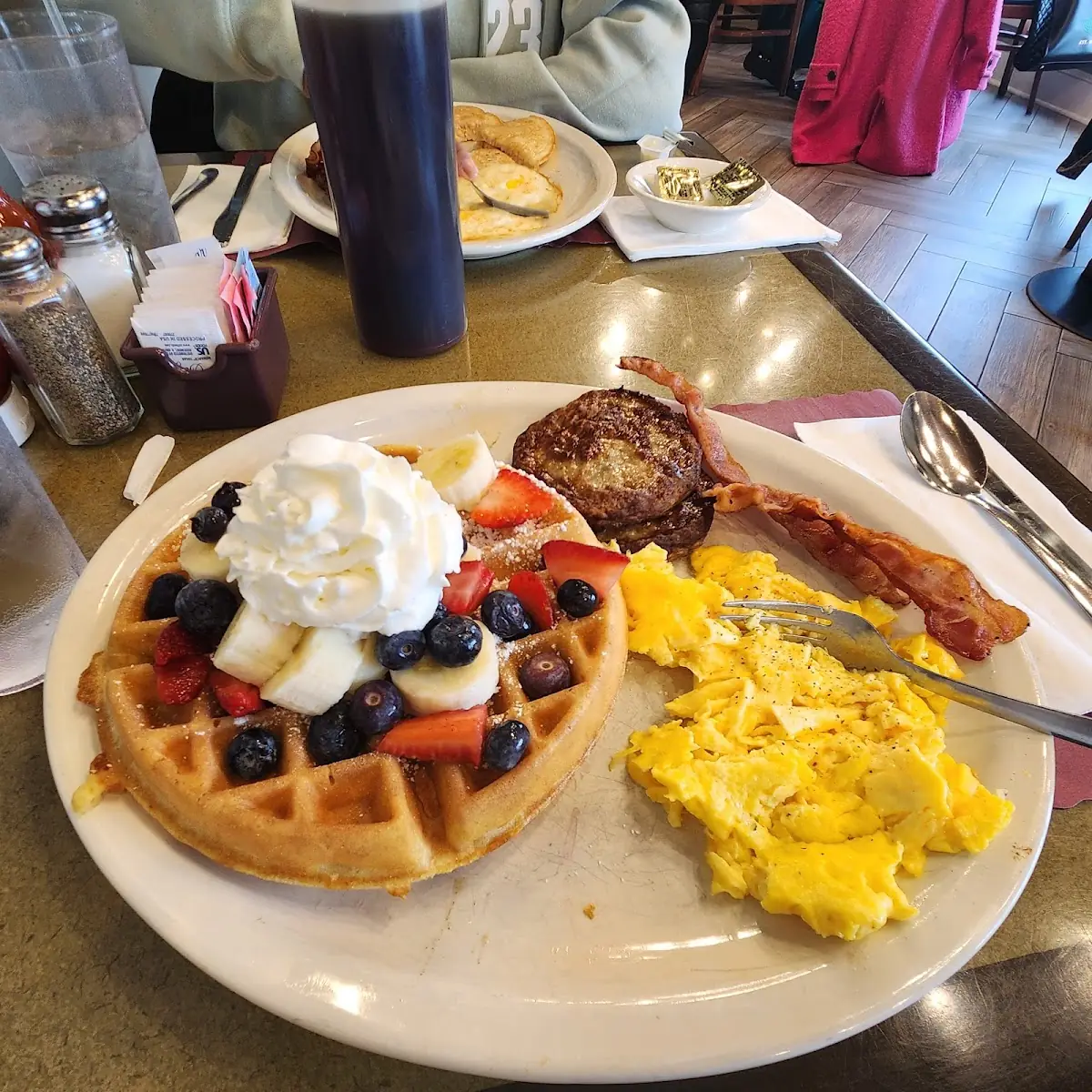 Waffles Catfish Scrambled Eggs w Whole Wheat Toast