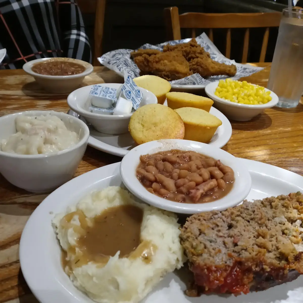 Meatloaf Fried Chicken Pinto Beans Corn Mashed Potatoes Gravy Dumplings and Cornbread