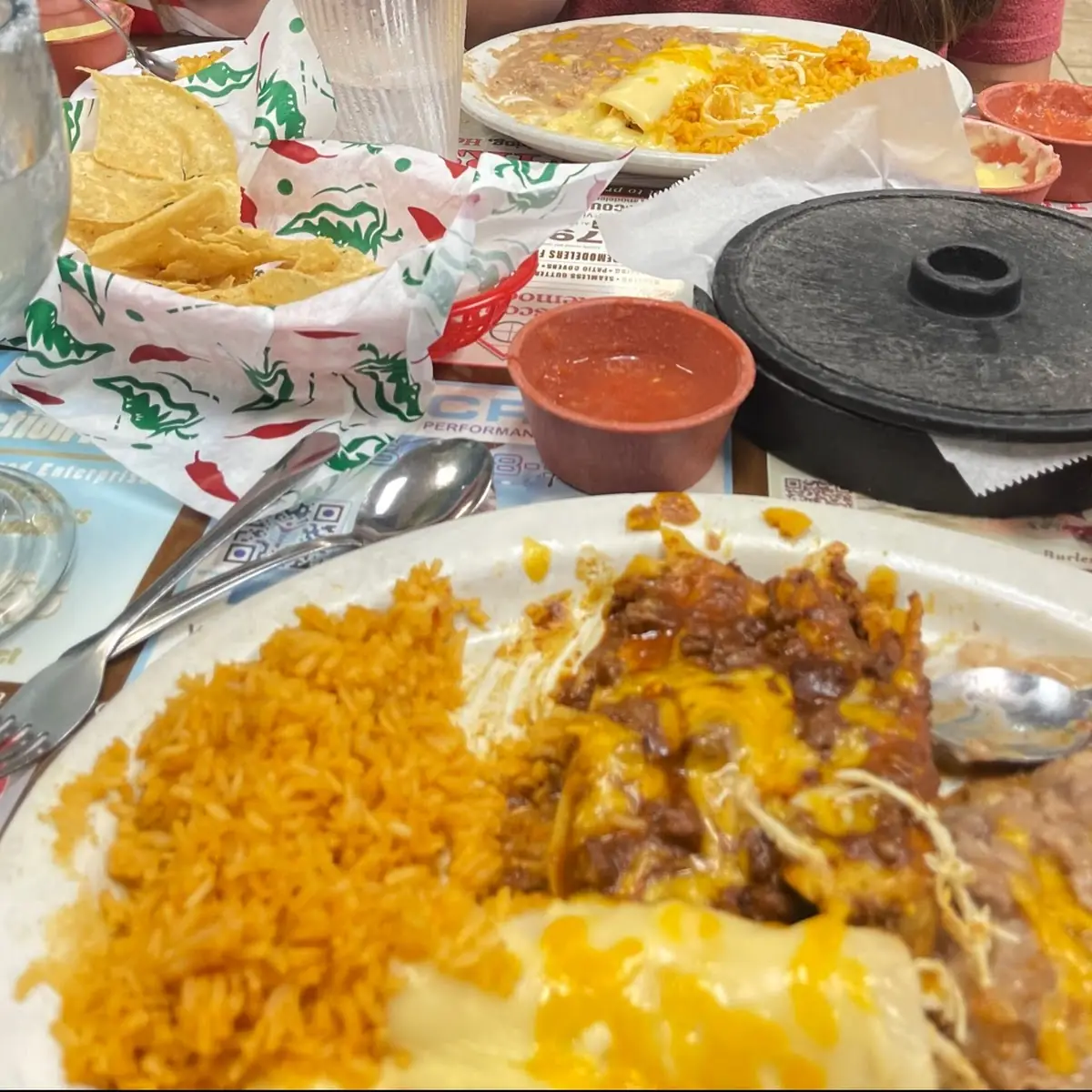 Enchiladas with Rice and Refried Beans