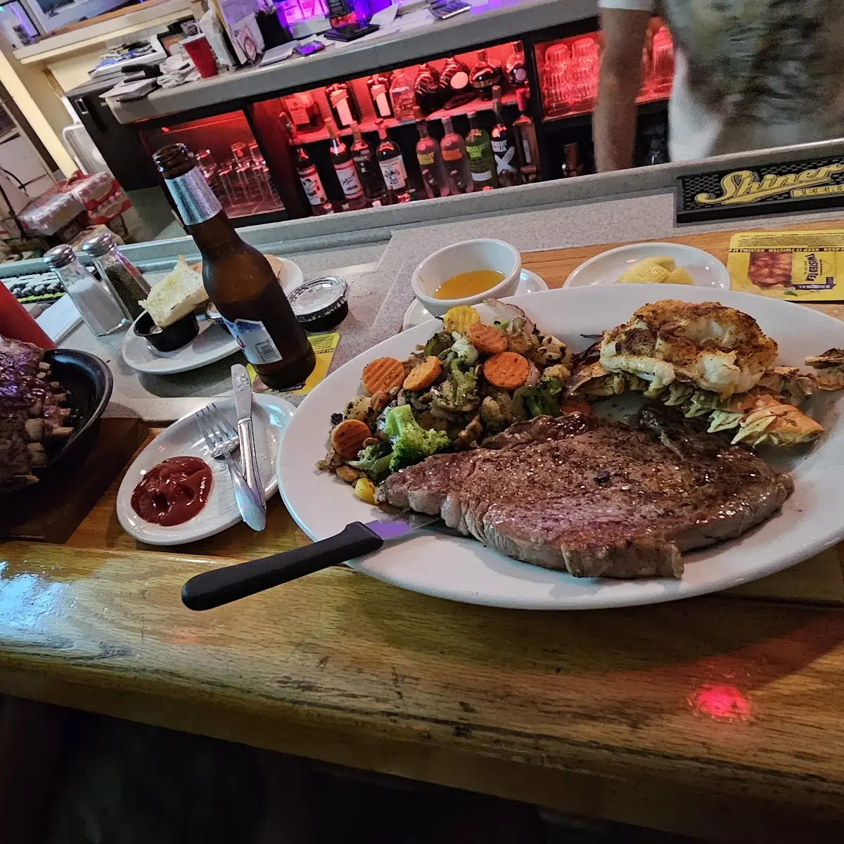 8oz Ribeye Lobster Tail and Veggies