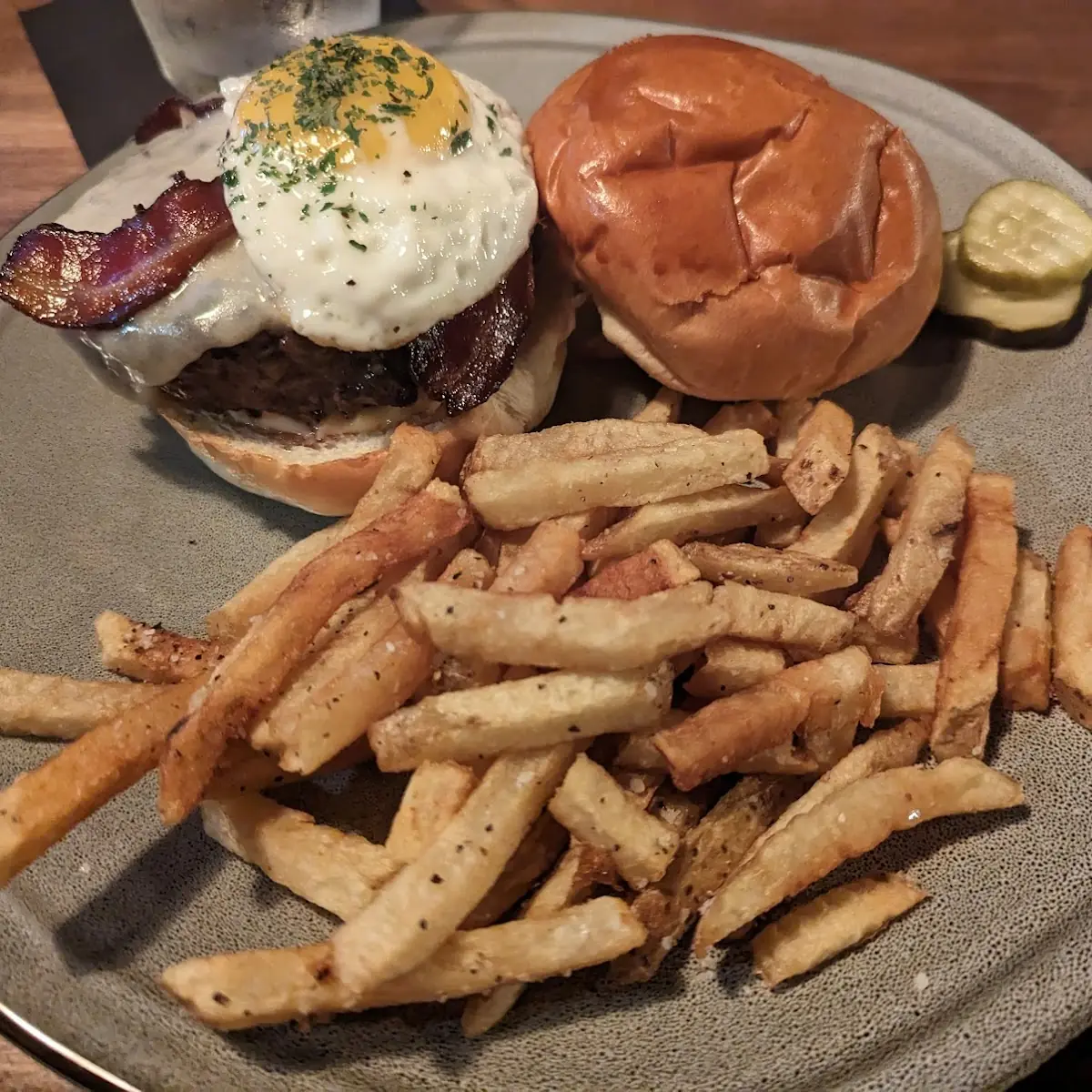 Burger with Egg and Fries