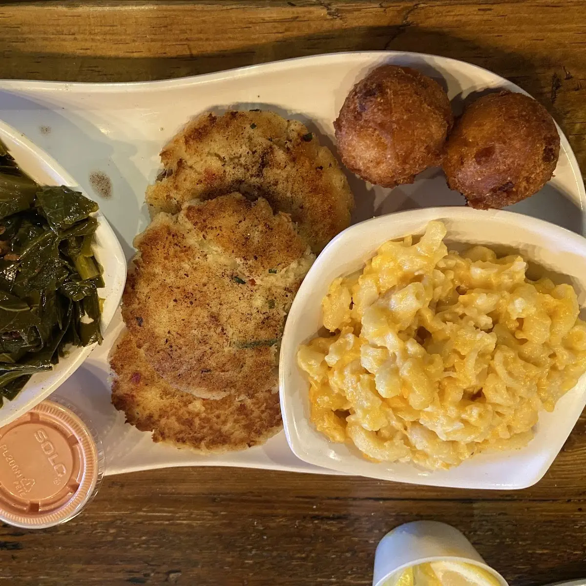 Crab Cakes Collards Mac and Cheese