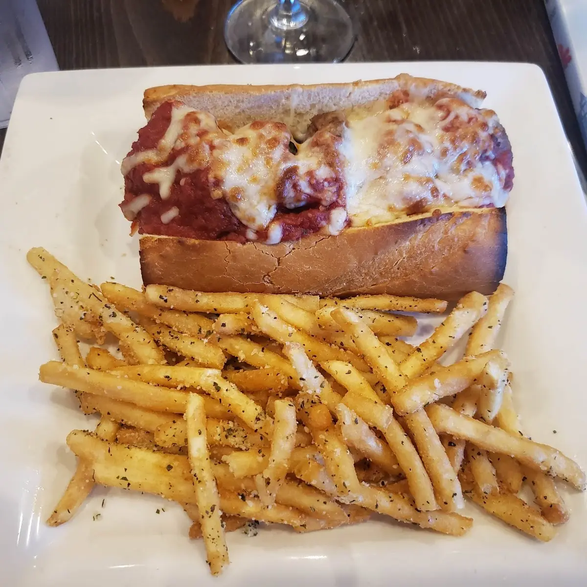 Meatball Sub with Garlic Fries