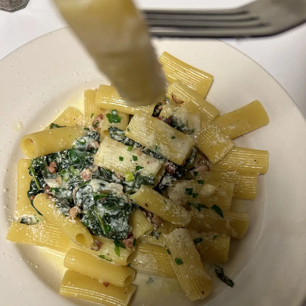 Parmesan Rigatoni Carbonara with Spinach & Bacon