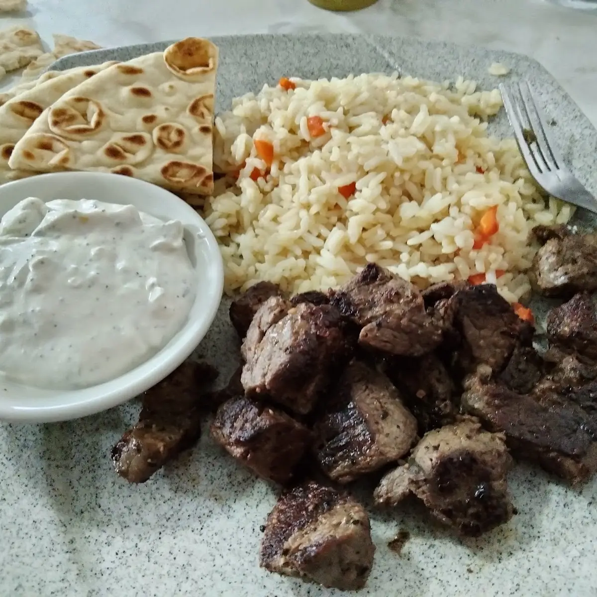 Beef Souvlaki with Rice and Pita