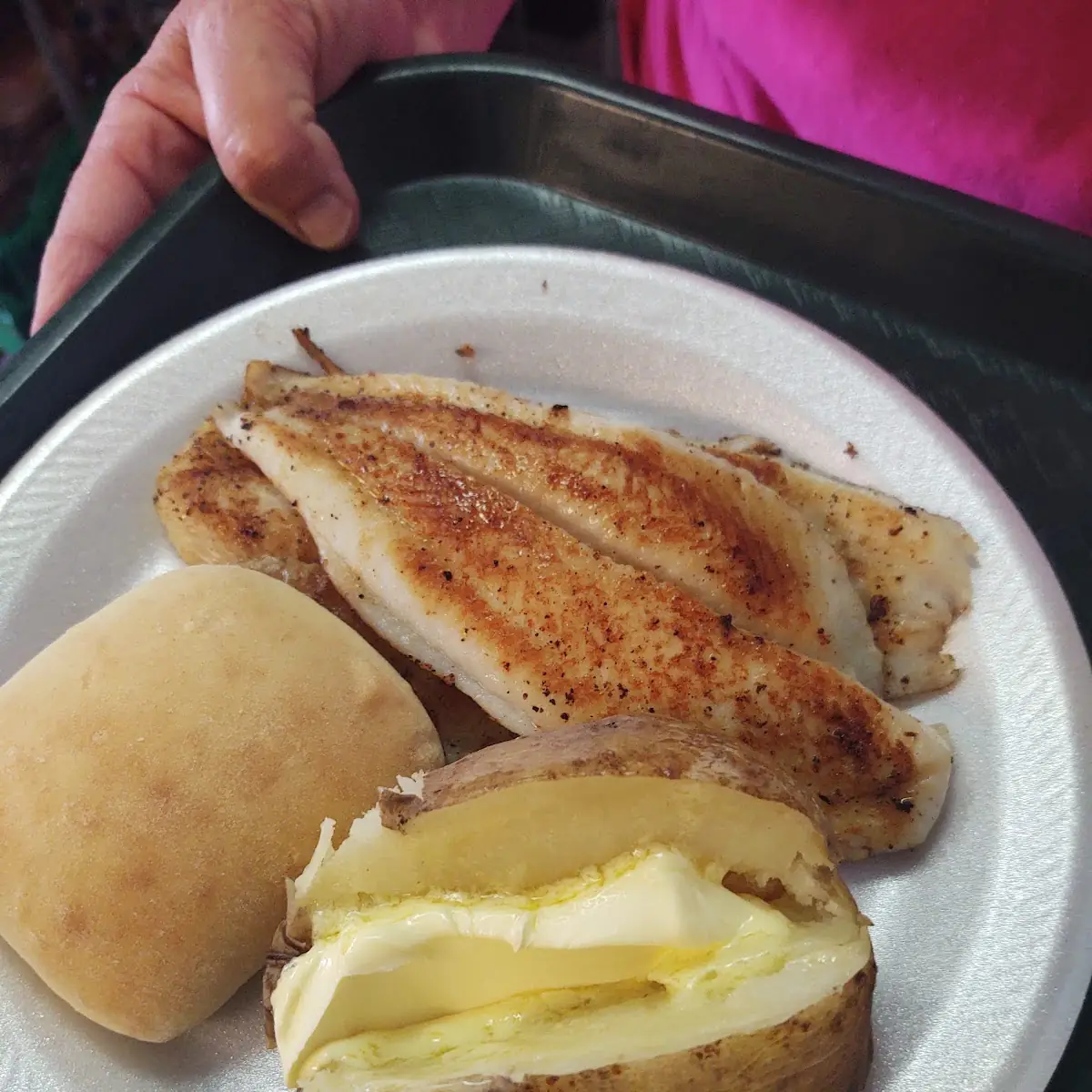 Grilled Fish Baked Potato and Roll