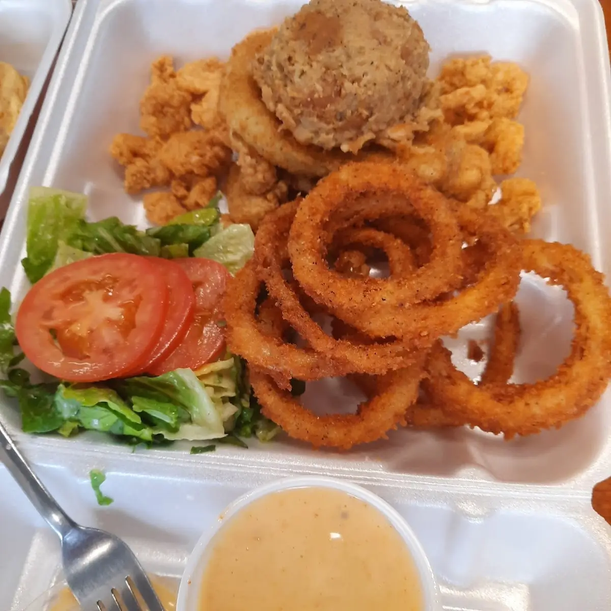 Fried Shrimp Fried Onion Rings and Fried Green Tomatoes