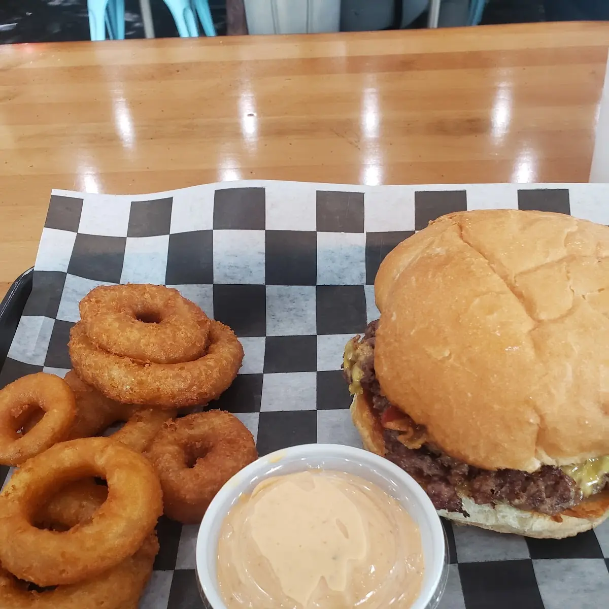 Smoke Burger and Onion Rings with Chipotle Mayo