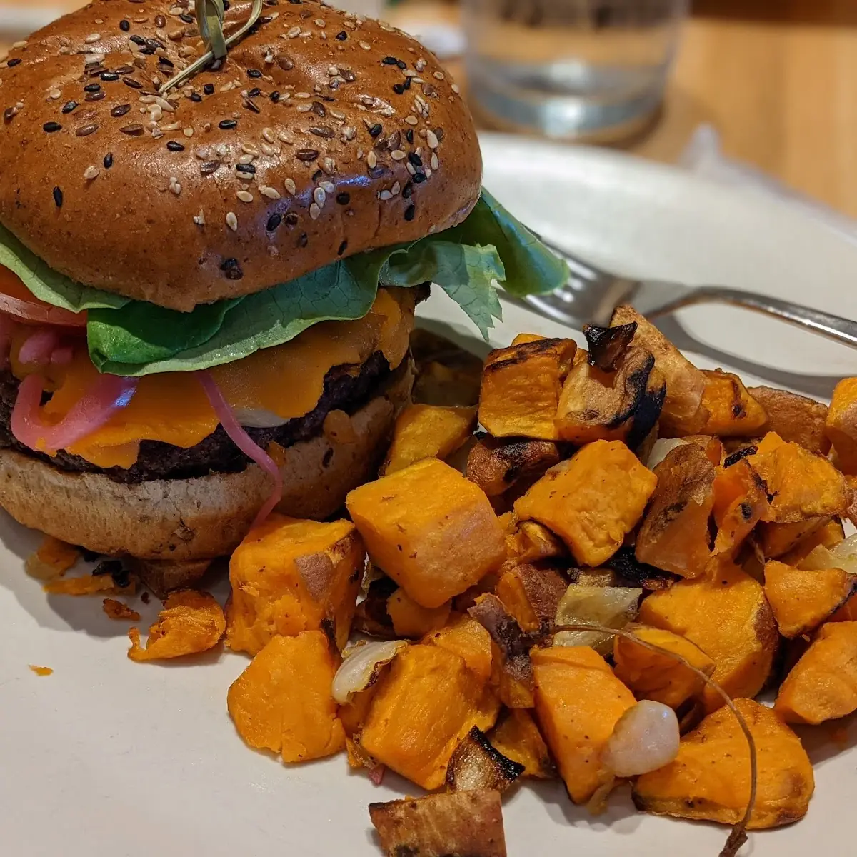 Double Cheese Burger with Sweet Potato Hash