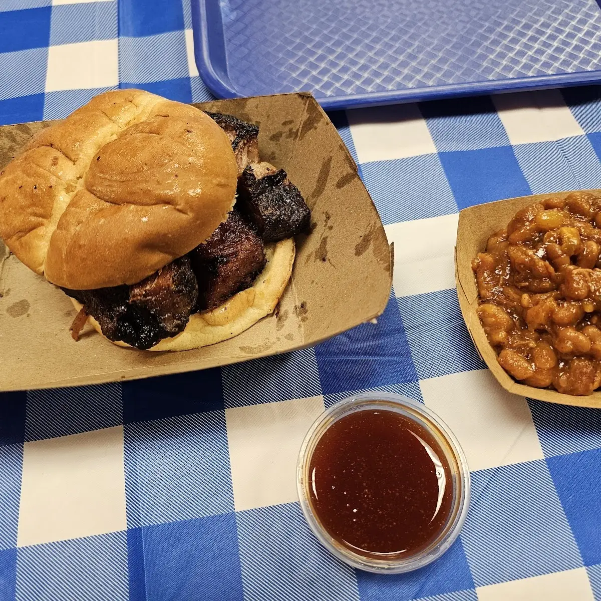 Burnt Ends Sandwich and Beans