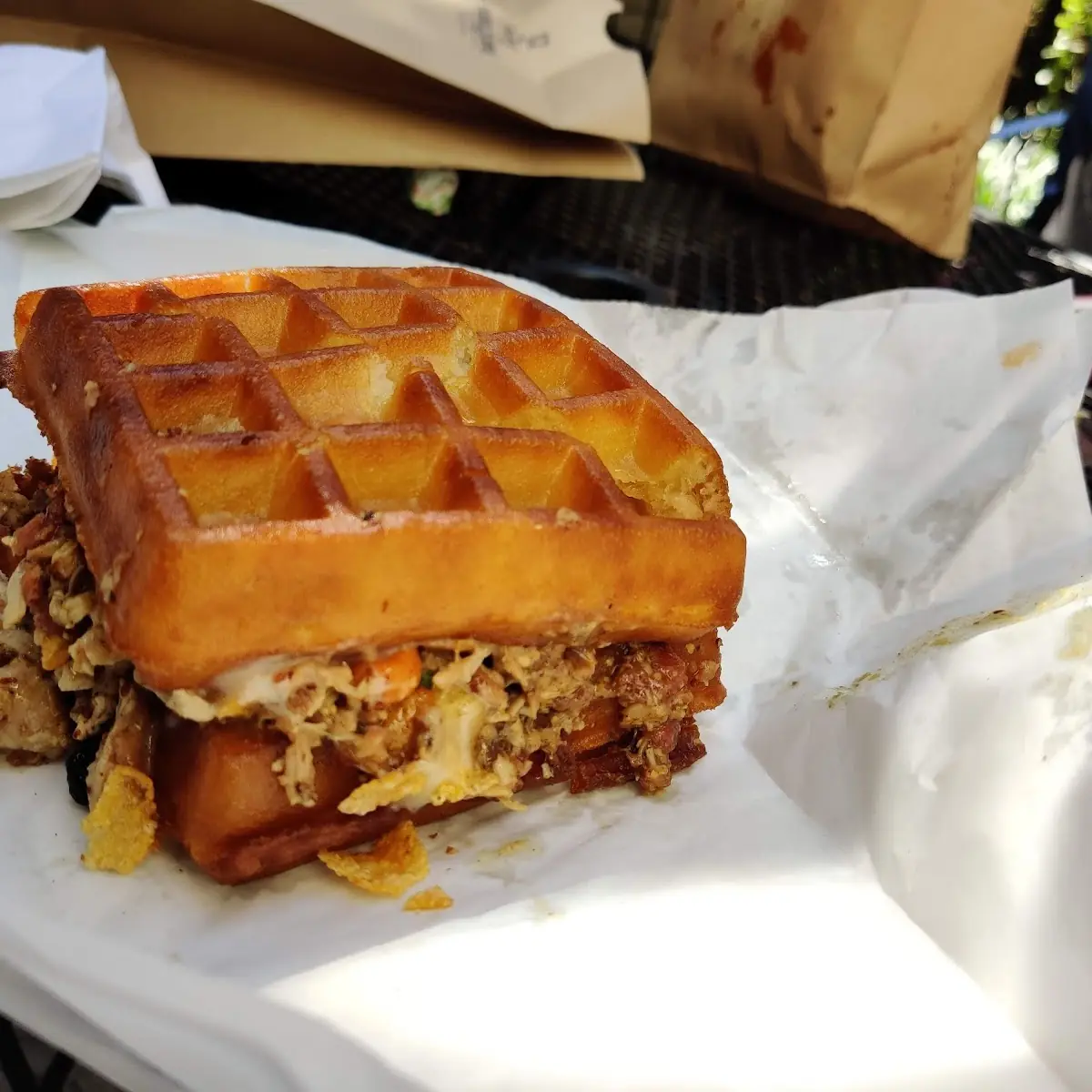 Pulled Pork&Waffle with Green Chili Mac N’ Cheese Sandwich
